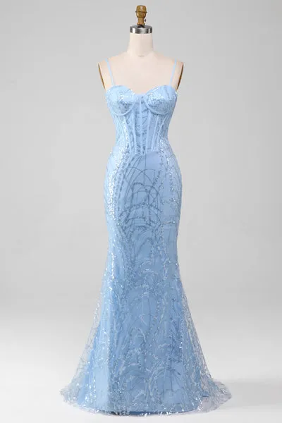 Abito da ballo corsetto lungo con paillettes a sirena azzurra