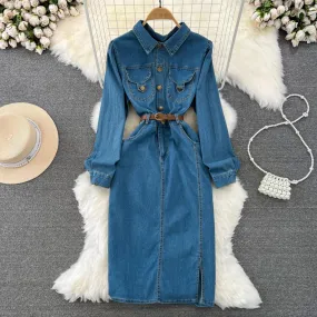 Abito in denim vintage autunnale da donna a maniche lunghe con cintura aderente casual femminile streetwear abiti midi con risvo