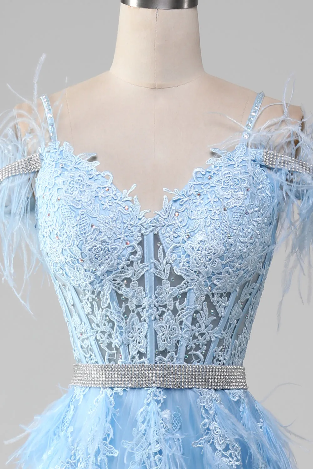 Azzurro A-Line Strass accenti Corsetto Prom Dress con appliques