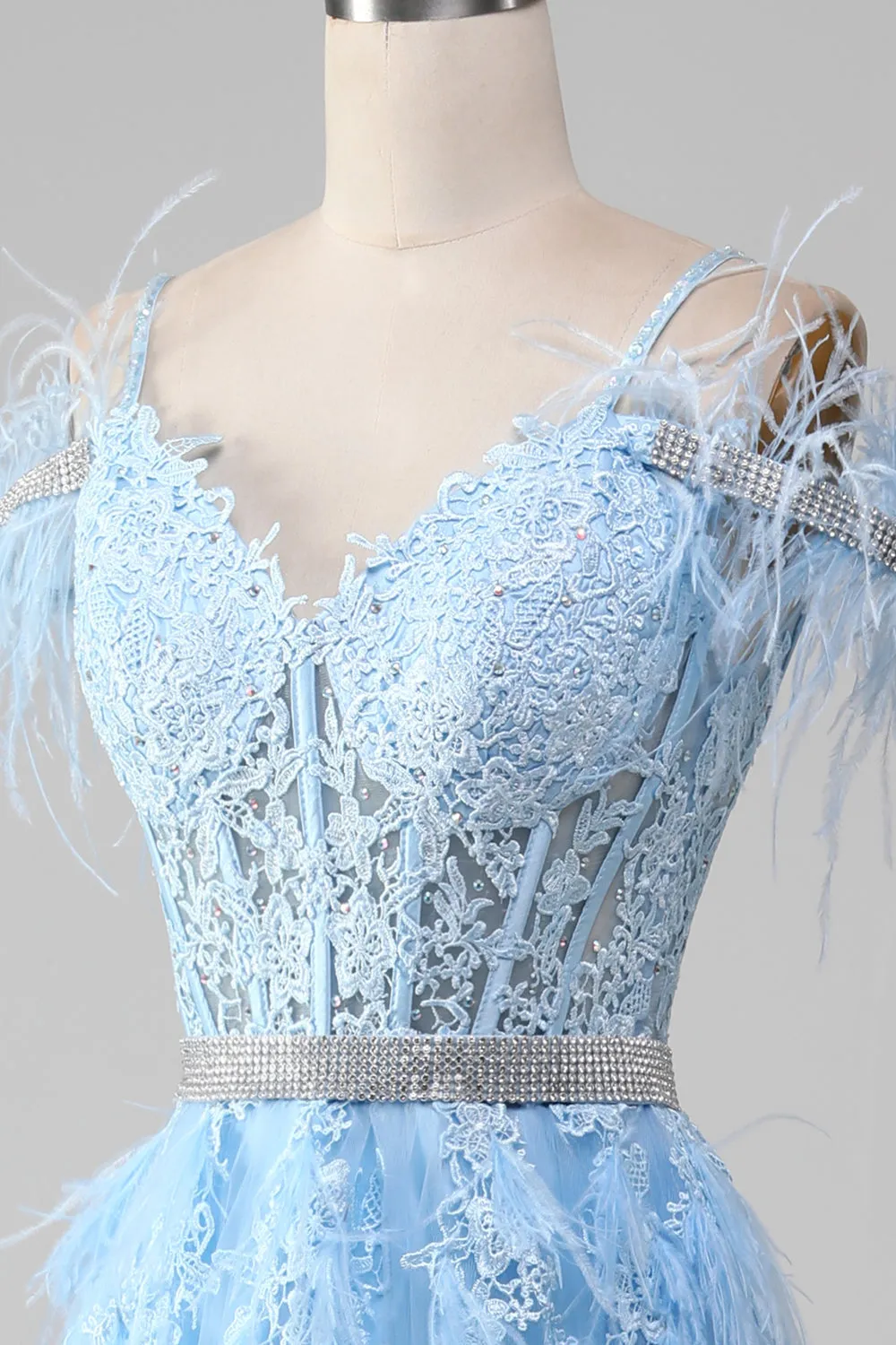 Azzurro A-Line Strass accenti Corsetto Prom Dress con appliques