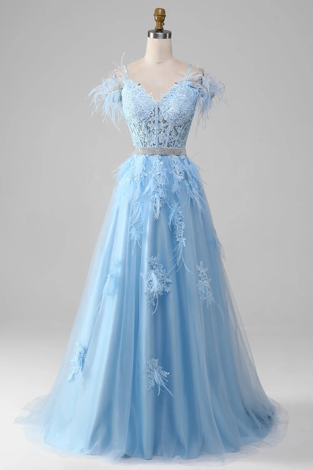 Azzurro A-Line Strass accenti Corsetto Prom Dress con appliques