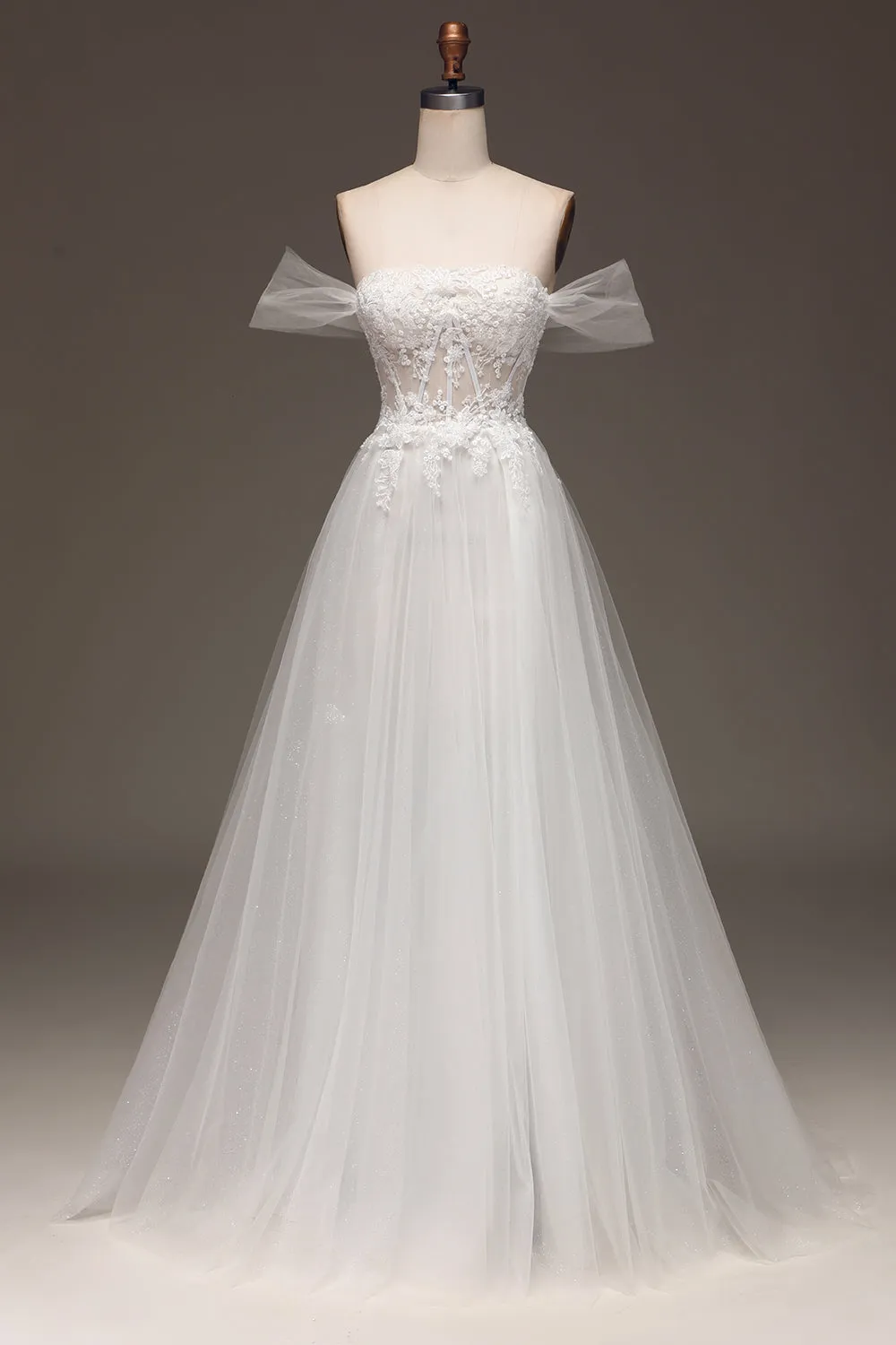 Bianco Off The Shoulder A Line Corsetto Prom Dress con applicazioni