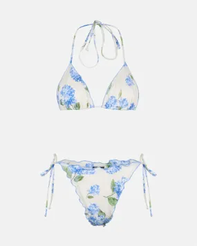 Bikini a triangolo bianco a fantasia fiorellini azzurri con profili ondulati