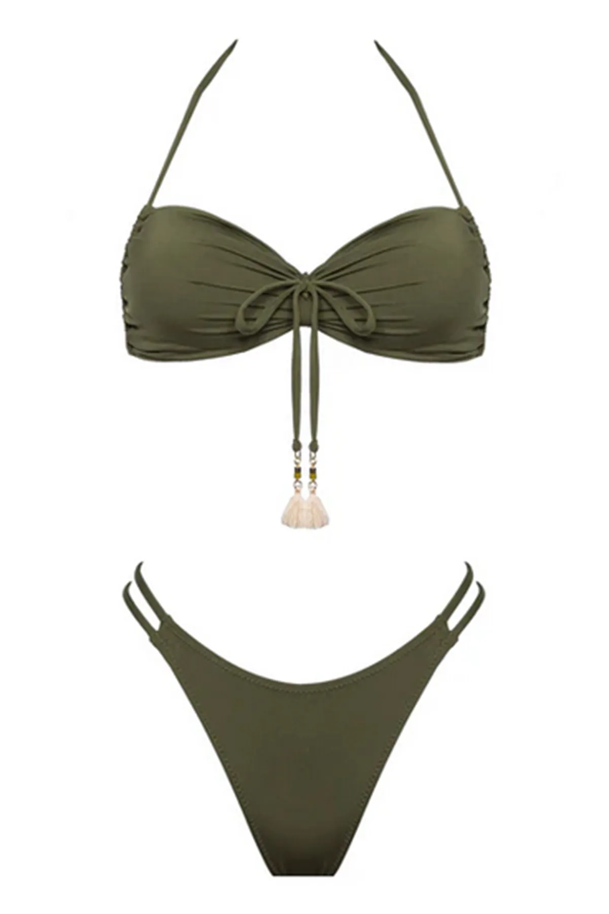 Bikini fascia con top arricciato regolabile con laccio e nappine coppe estraibili slip aperto lato