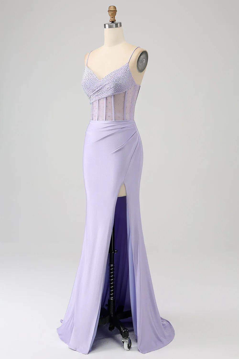 Glitter Lilla Corsetto Sirena Abito Lungo Ballo con Fessura
