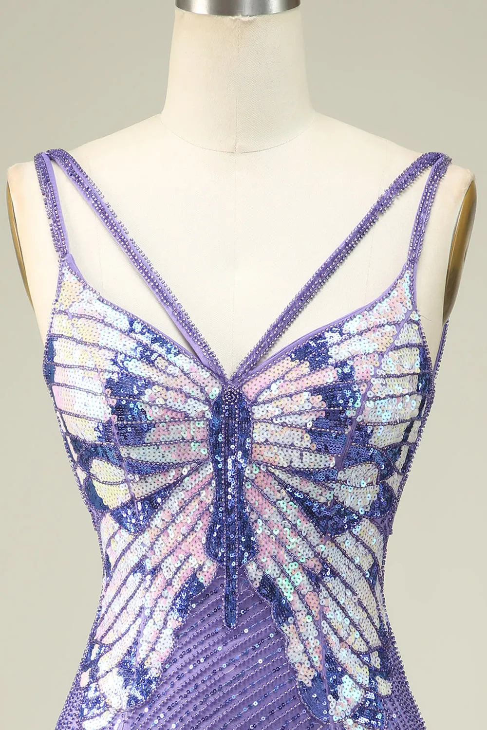 Guaina Spaghetti Straps Paillettes Viola Abito corto Homecoming