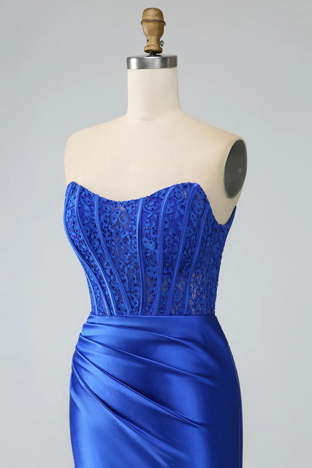 Royal Blue Mermaid senza spalline lungo corsetto Prom Dress con fessura