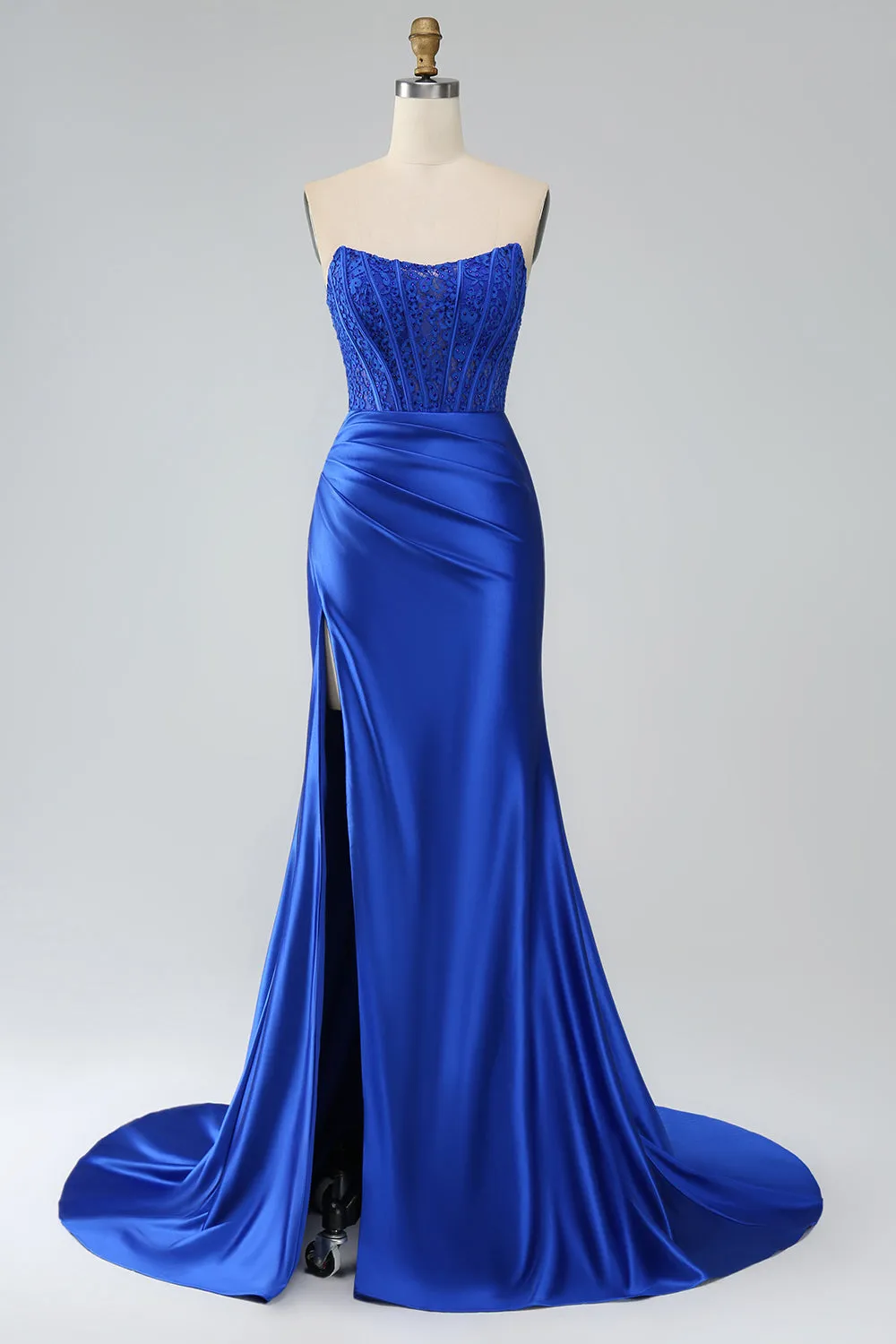 Royal Blue Mermaid senza spalline lungo corsetto Prom Dress con fessura