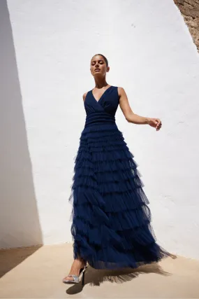 Ro&Zo Anoushka Navy Blue - Tulle Tiered Maxi Dress