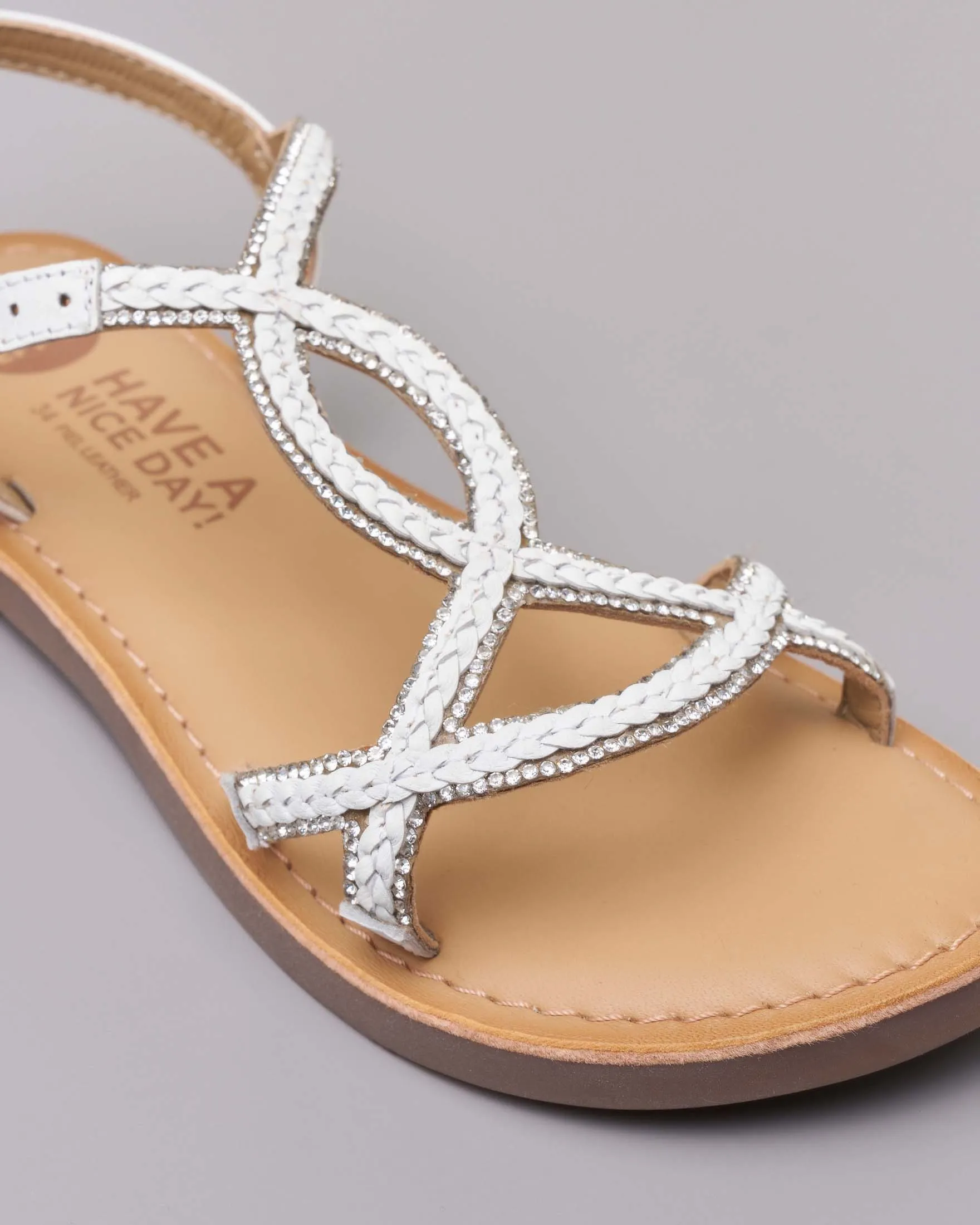 Sandali bianchi in pelle intrecciata con strass e cinturino 32-39