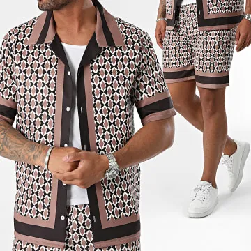 Set di camicia a maniche corte e pantaloncini da jogging marrone, nero e bianco