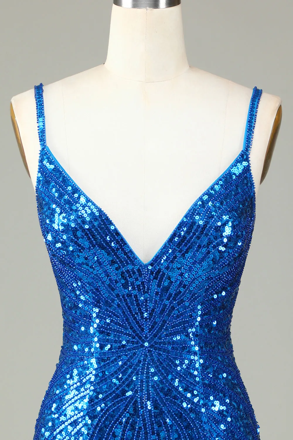 Sparkly Bodycon Spaghetti Straps Blue Sequins Short Homecoming Dress with Nappine