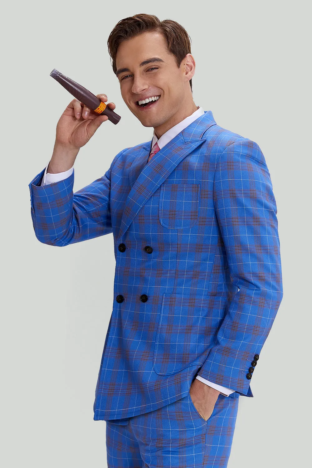 Tute da smoking blu plaid da uomo a 3 pezzi