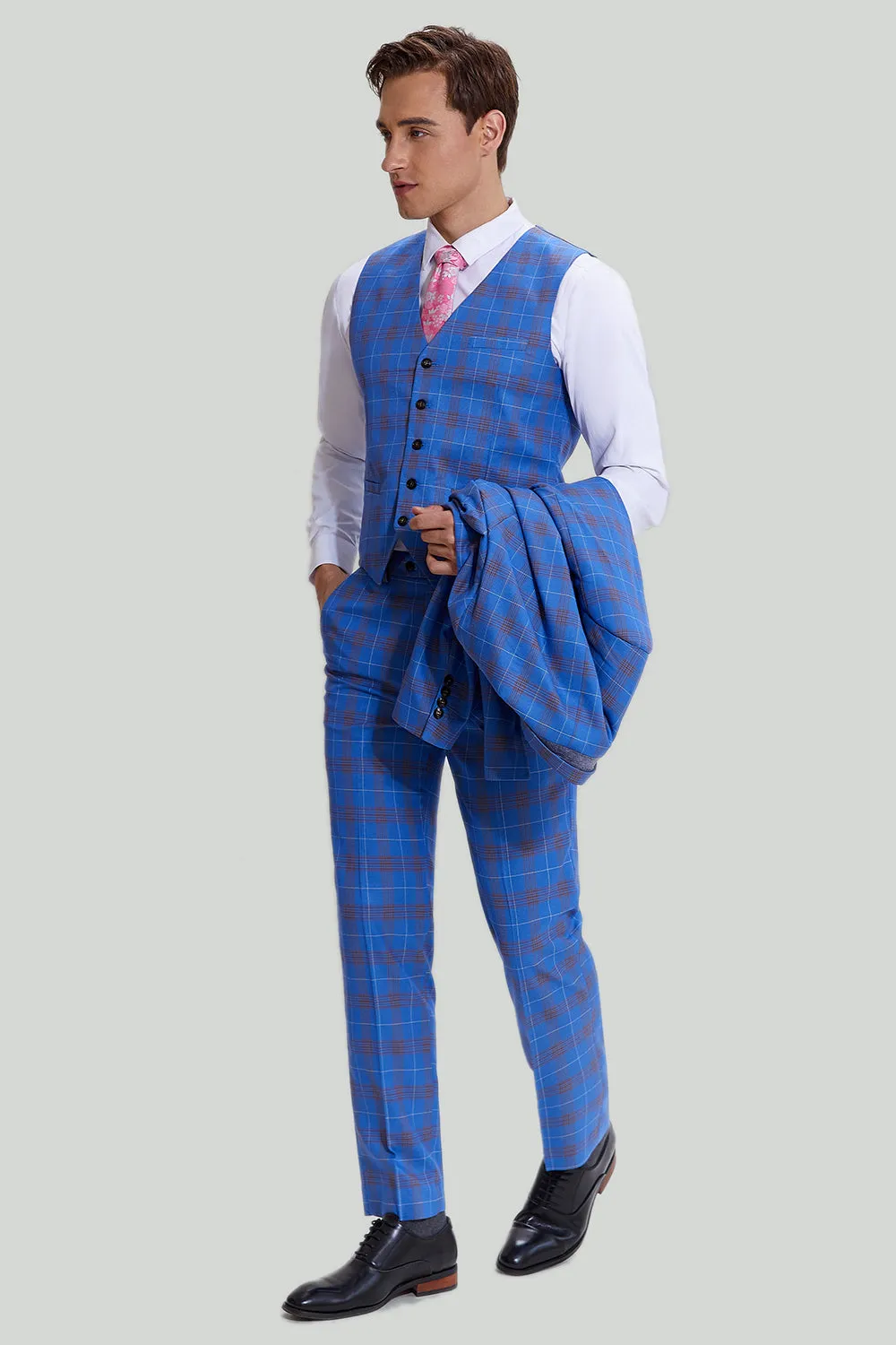 Tute da smoking blu plaid da uomo a 3 pezzi