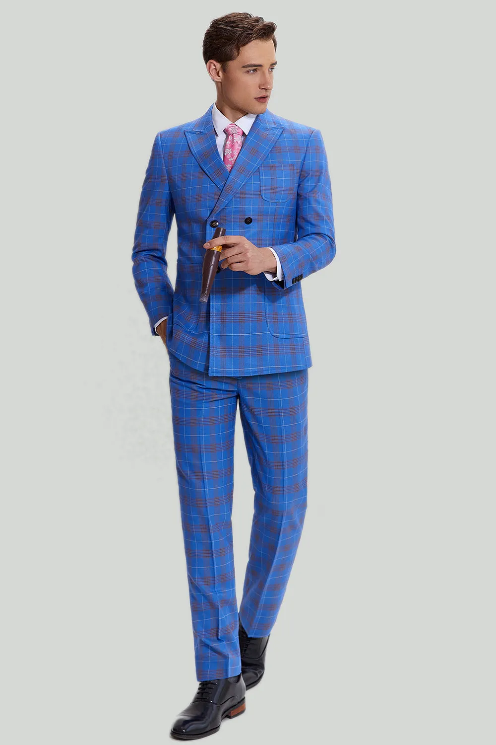 Tute da smoking blu plaid da uomo a 3 pezzi