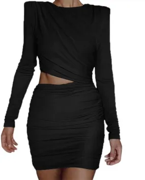 Women Long Sleeve Ruched Bodycon Dress Elegant Solid Color Hollow Waist Slim Party Dresses Female Wrapped Mini Dress Clu